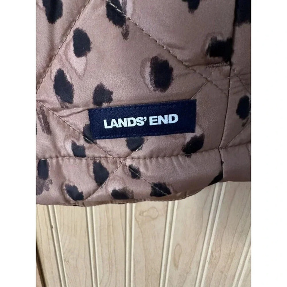 Womens LANDS` END Feather Free Insulated Puffer Vest Brown Animal Print Sz Small - Picture 3 of 6